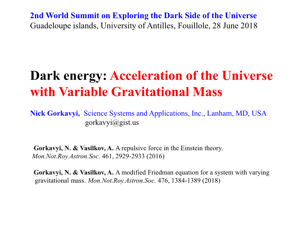 Dark Energy: Acceleration of the Universe with Variable Gravitational Mass