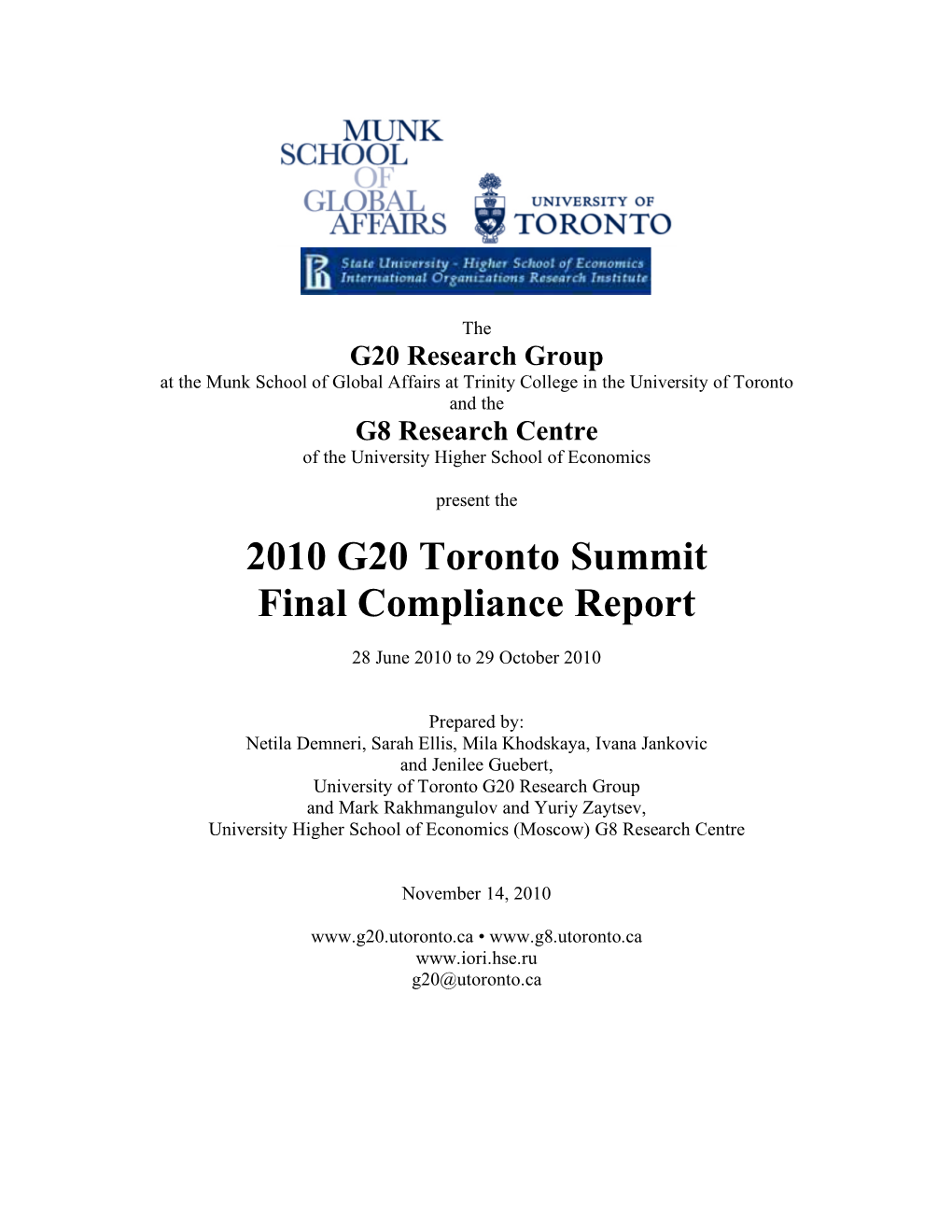 2010 G20 Toronto Summit Final Compliance Report