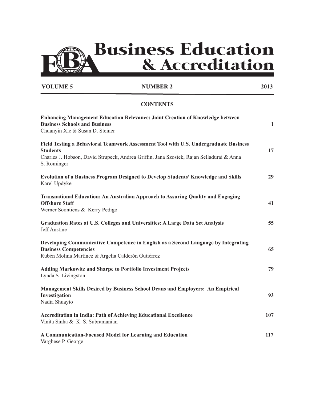 Business Education EBA & Accreditation VOLUME 5 NUMBER 2 2013