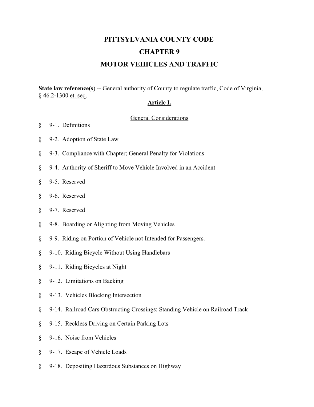 Chapter 9 Motor Vehicles and Traffic