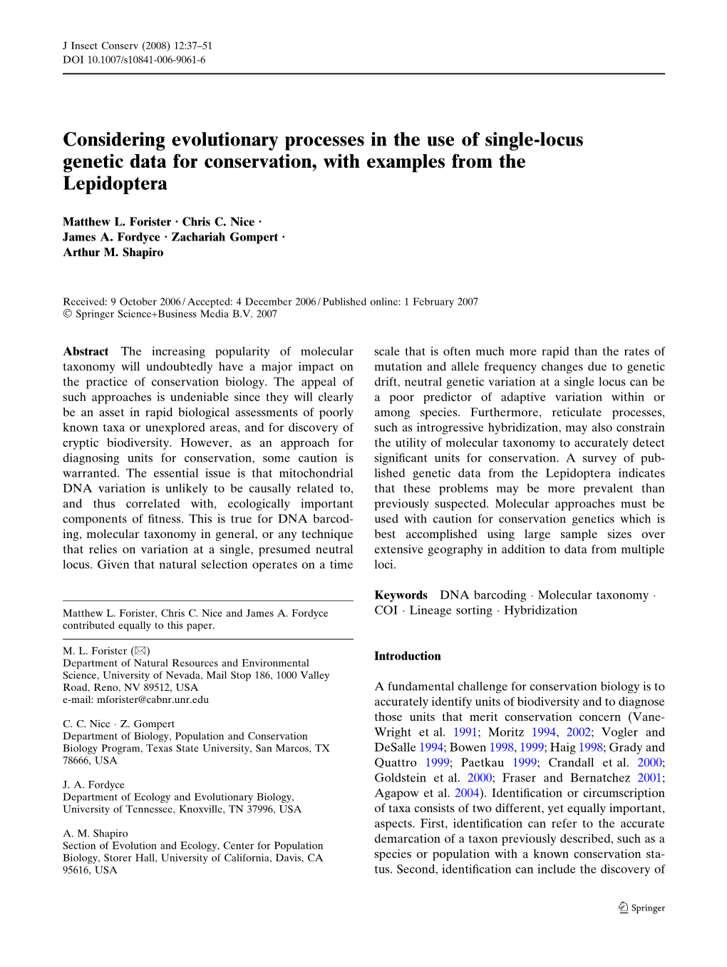 Considering Evolutionary Processes in the Use of Single-Locus Genetic Data for Conservation, with Examples from the Lepidoptera