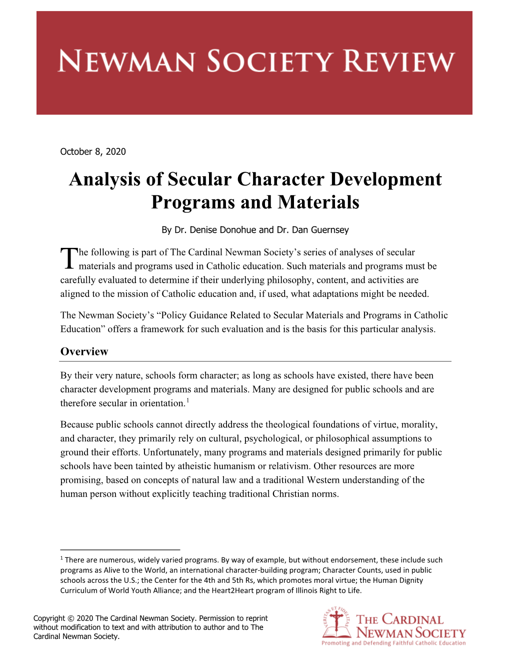 Analysis of Secular Character Development Programs and Materials