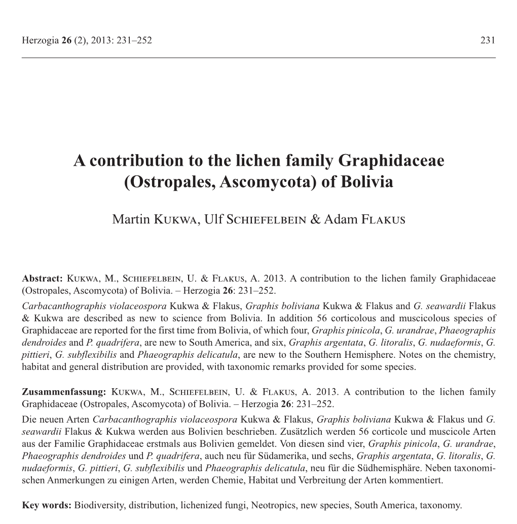 A Contribution to the Lichen Family Graphidaceae (Ostropales, Ascomycota) of Bolivia