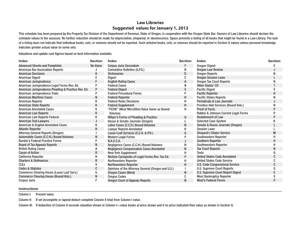 Law Libraries Suggested Values for January 1, 2012