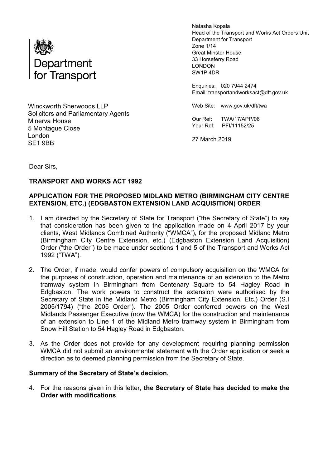 Application for Proposed Midland Metro Birmingham City Centre