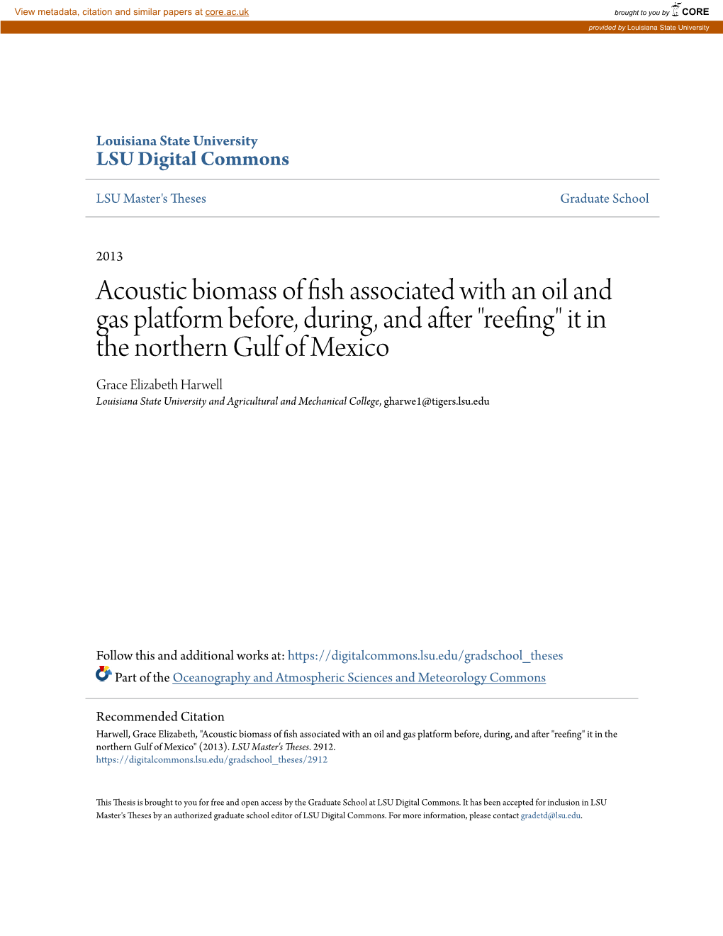 Acoustic Biomass of Fish Associated with an Oil and Gas Platform