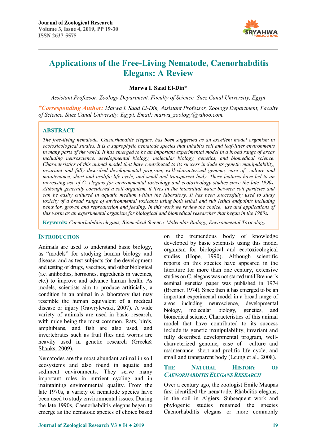 Applications of the Free-Living Nematode, Caenorhabditis Elegans: a Review