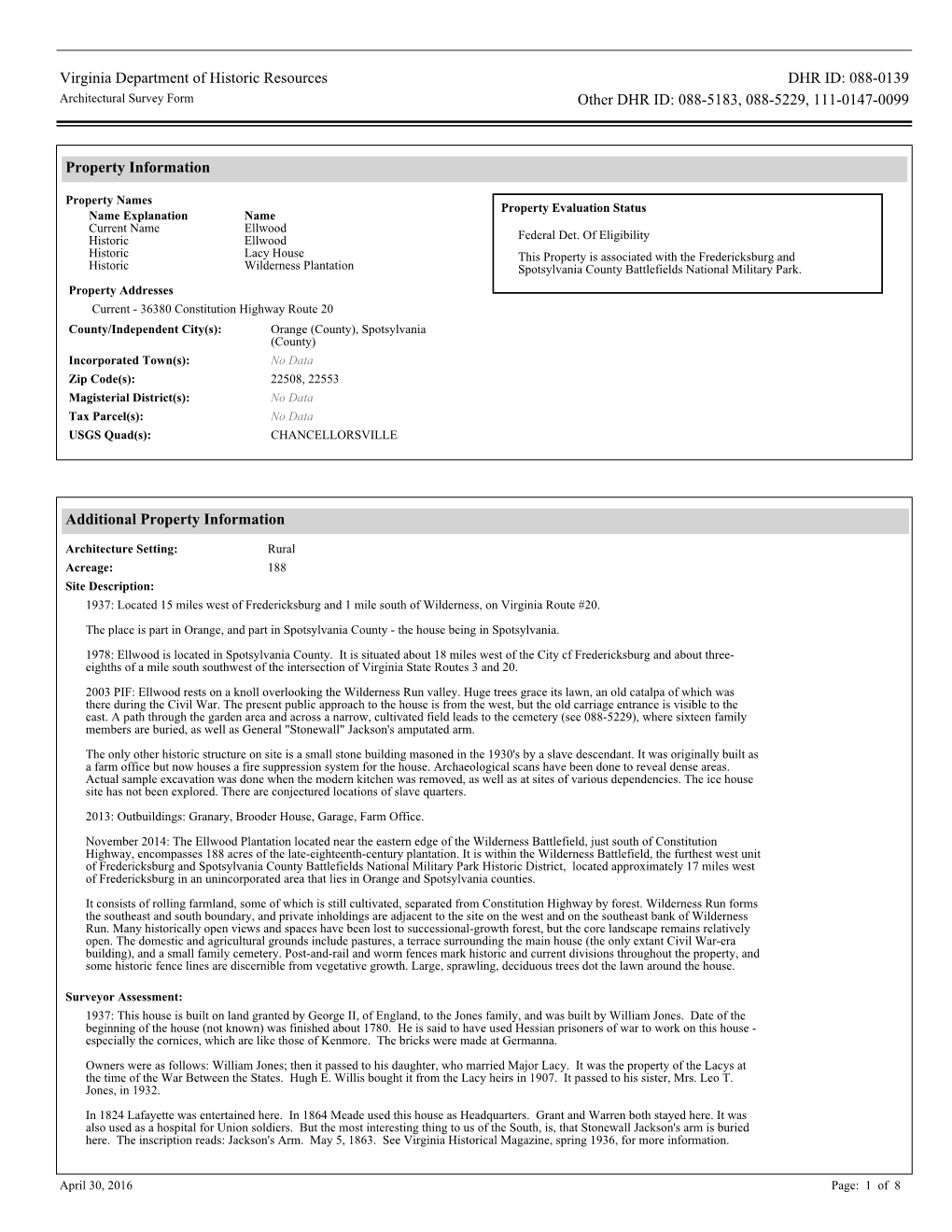 Virginia Department of Historic Resources DHR ID: 088-0139 Architectural Survey Form Other DHR ID: 088-5183, 088-5229, 111-0147-0099