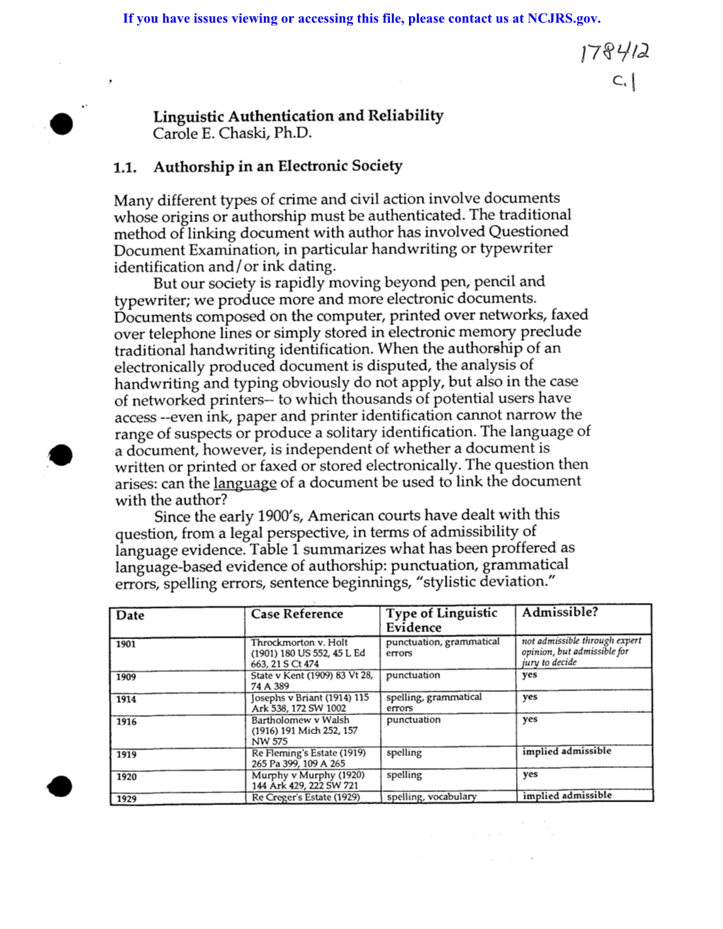 Linguistic Authentication and Reliability 1,1. Authorship in An