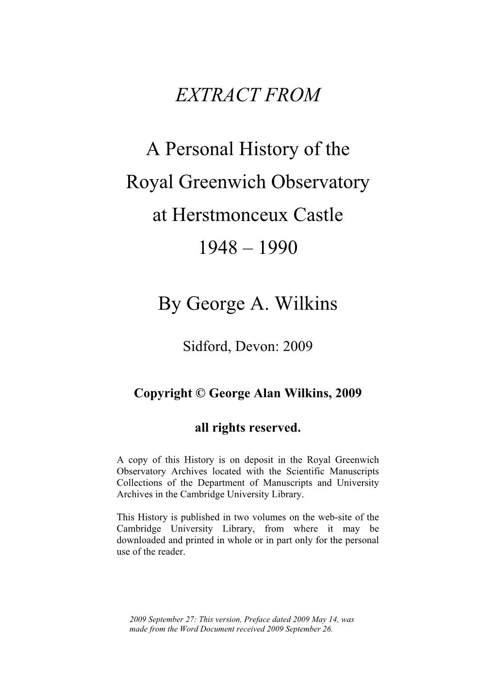 A Personal History of the Royal Greenwich Observatory at Herstmonceux Castle 1948 – 1990