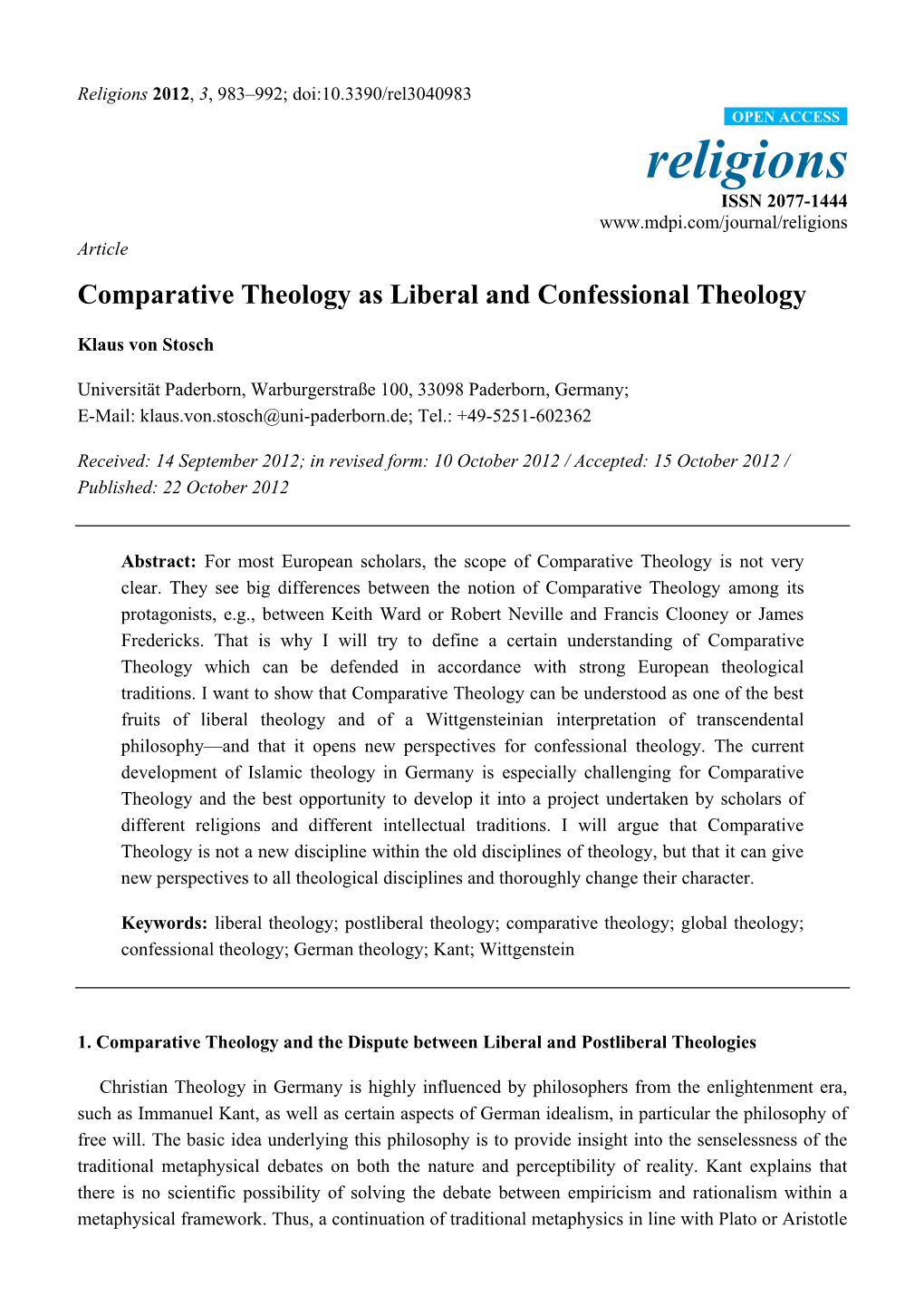 Comparative Theology As Liberal and Confessional Theology