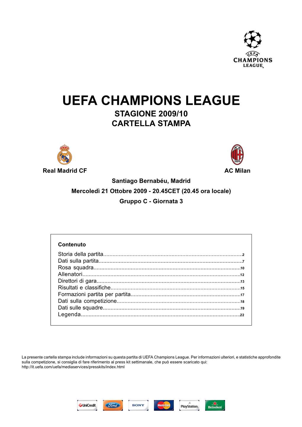 Uefa Champions League Stagione 2009/10 Cartella Stampa