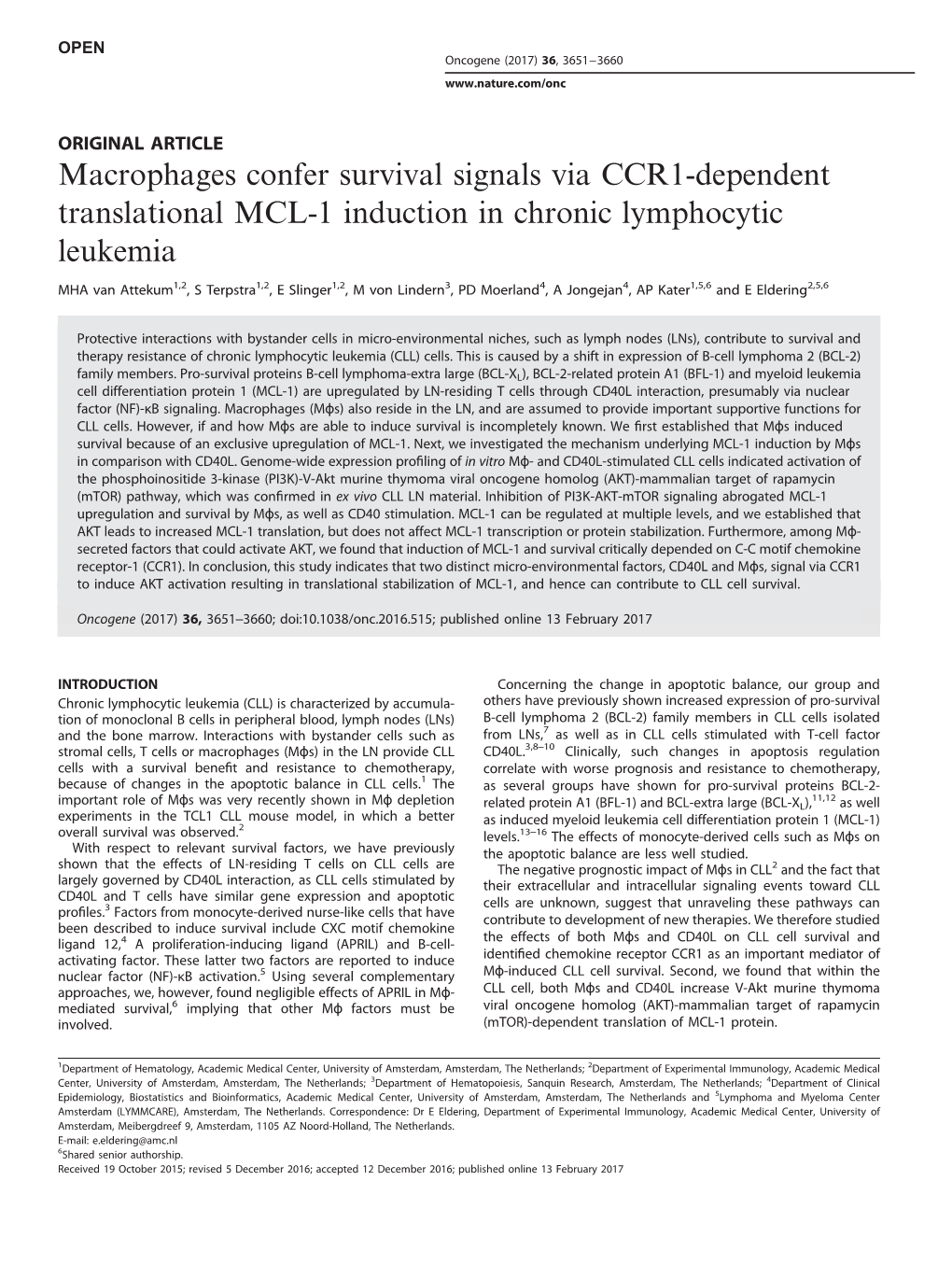 Macrophages Confer Survival Signals Via CCR1-Dependent Translational MCL-1 Induction in Chronic Lymphocytic Leukemia