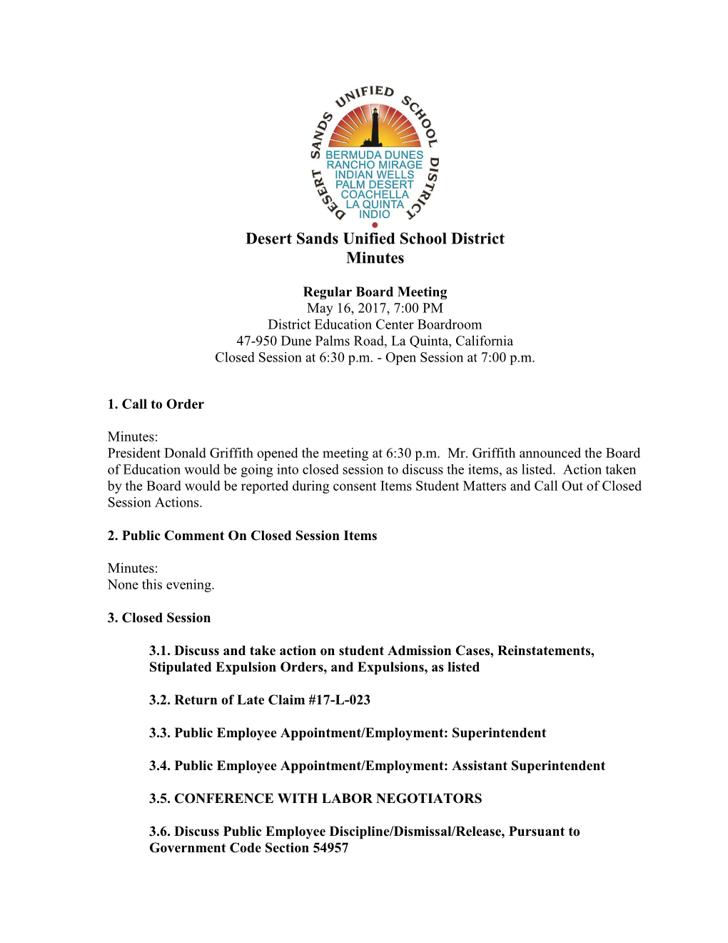 Desert Sands Unified School District Minutes