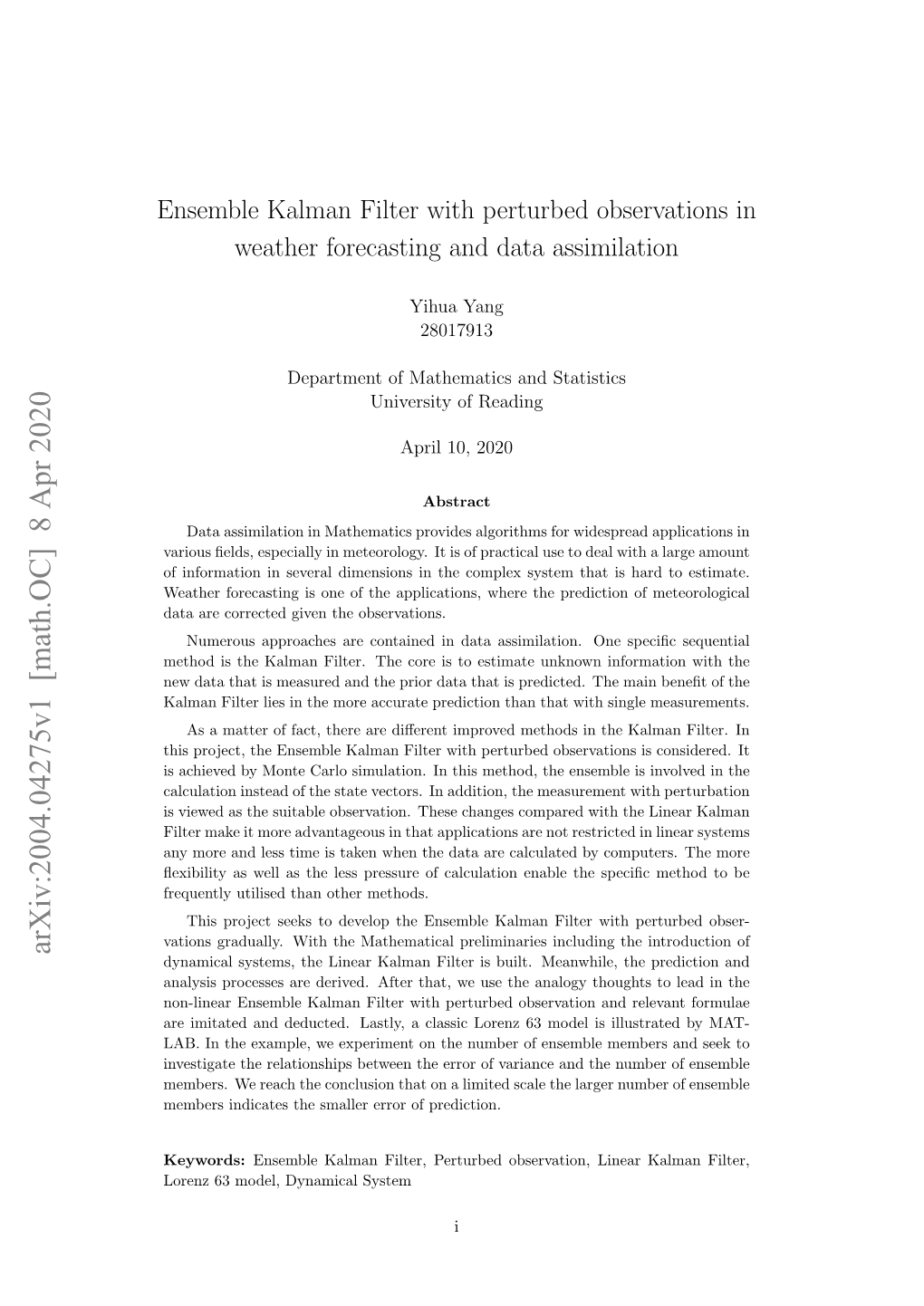 Ensemble Kalman Filter with Perturbed Observations in Weather Forecasting and Data Assimilation