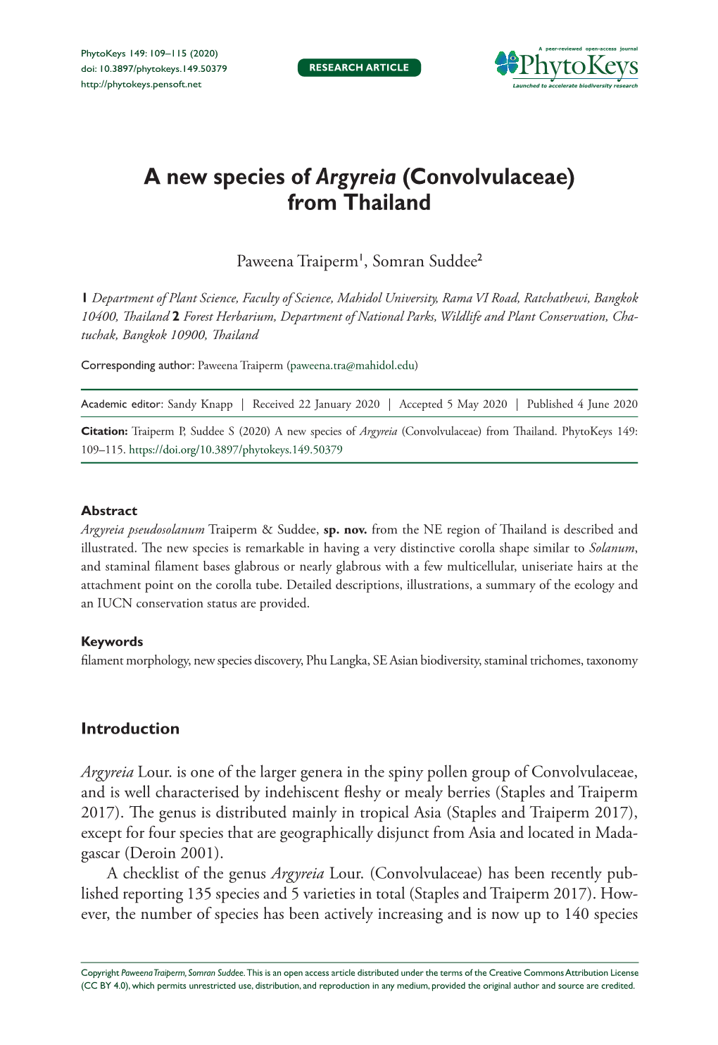 A New Species of Argyreia (Convolvulaceae) from Thailand