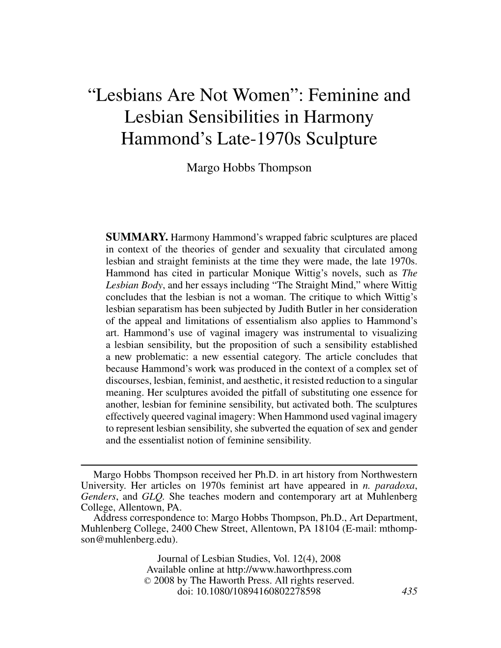 “Lesbians Are Not Women”: Feminine and Lesbian Sensibilities in Harmony Hammond’S Late-1970S Sculpture