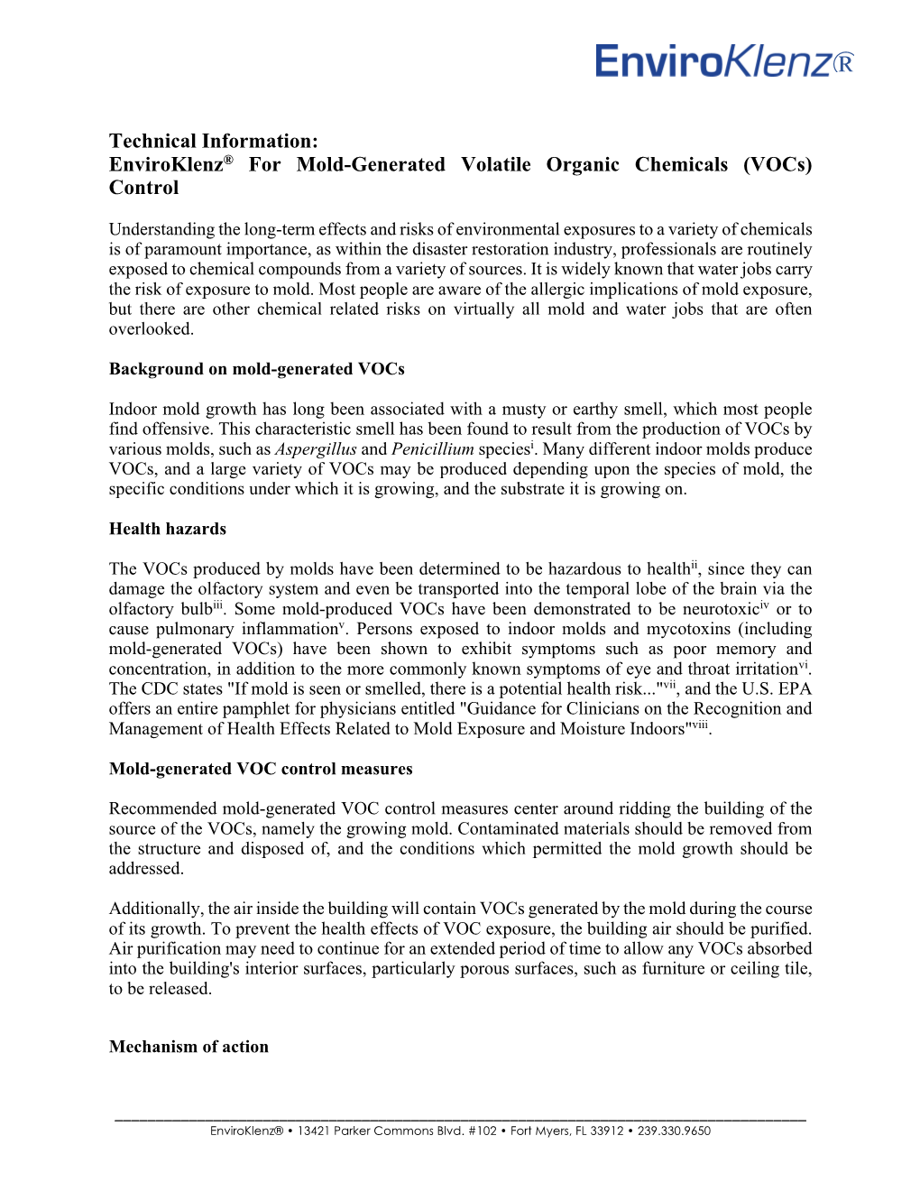 Technical Information: Enviroklenz® for Mold-Generated Volatile Organic Chemicals (Vocs) Control