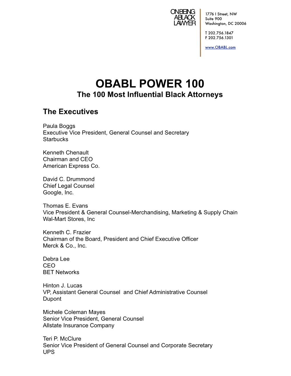 OBABL POWER 100 the 100 Most Influential Black Attorneys
