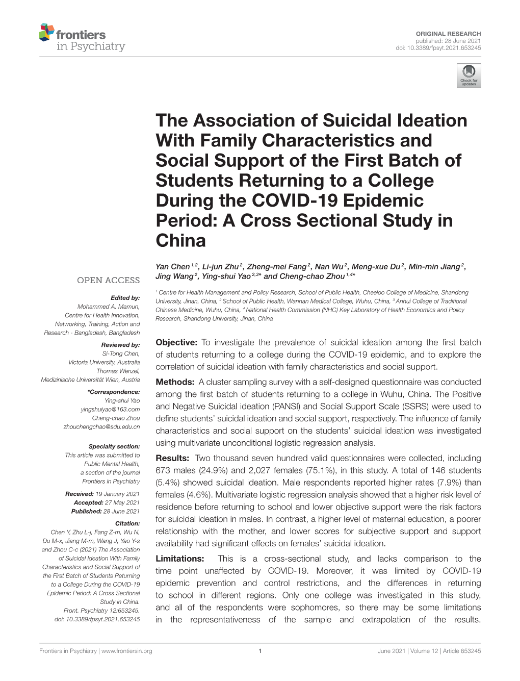 The Association of Suicidal Ideation with Family Characteristics And