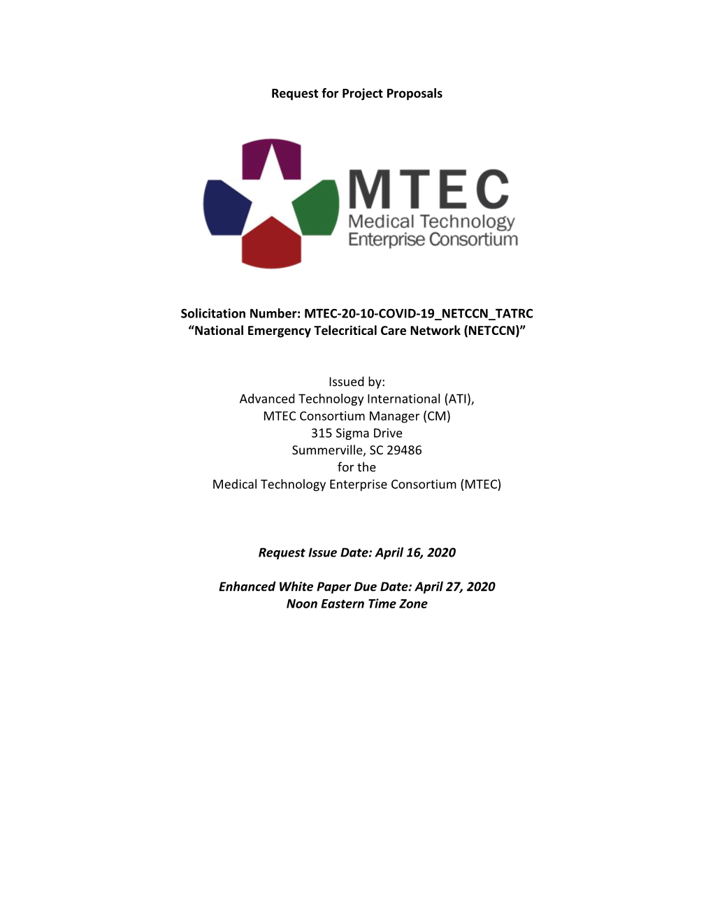 Request for Project Proposals: MTEC-20-10-COVID