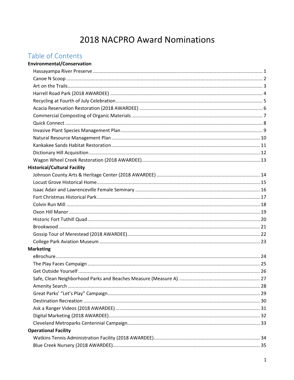 2018 NACPRO Award Nominations Table of Contents Environmental/Conservation Hassayampa River Preserve