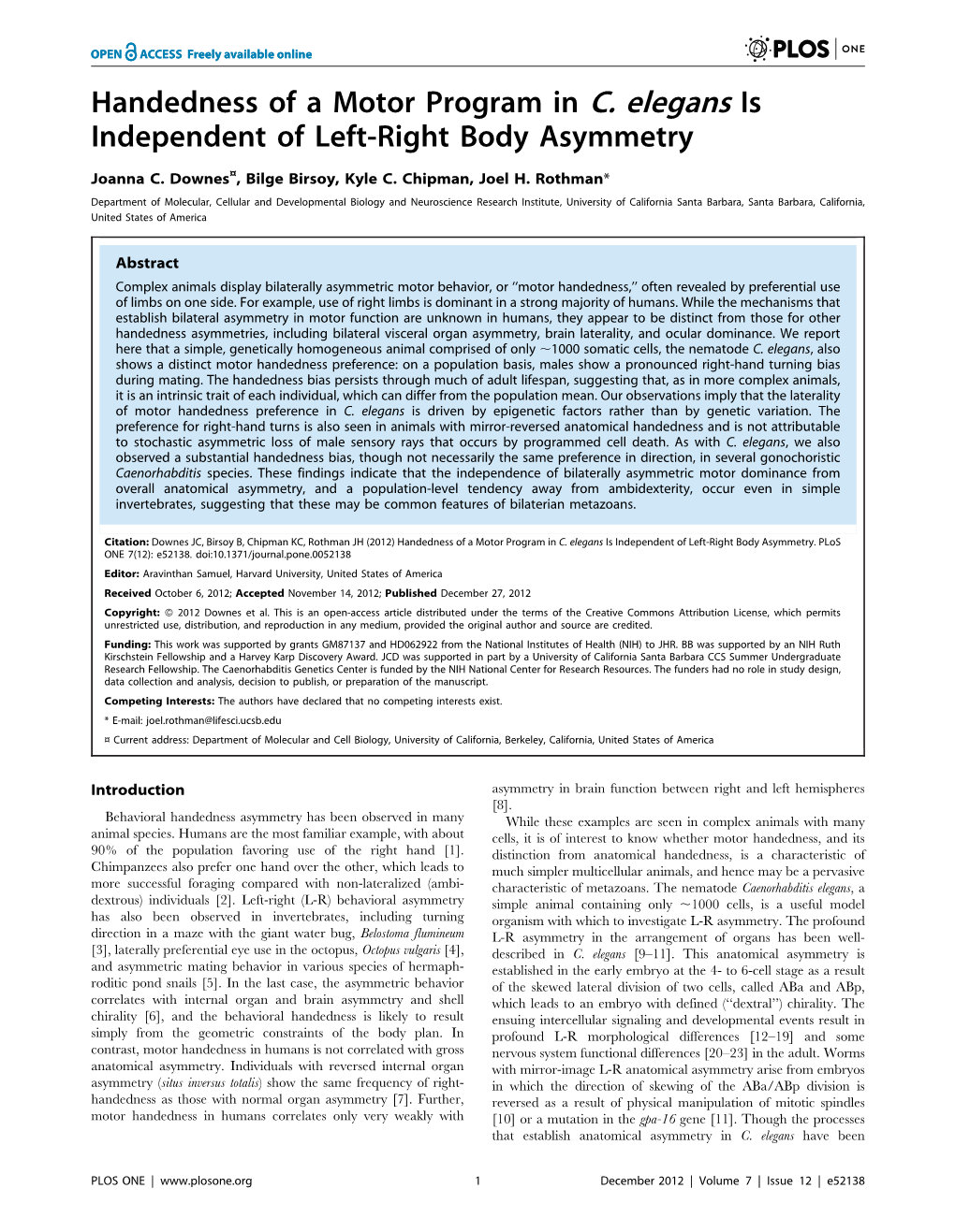 Handedness of a Motor Program in C. Elegans Is Independent of Left-Right Body Asymmetry