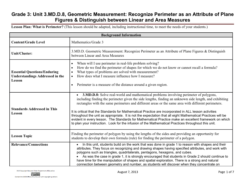 Grade 3: Unit 3.MD.D.8, Geometric Measurement: Recognize Perimeter As an Attribute of Plane