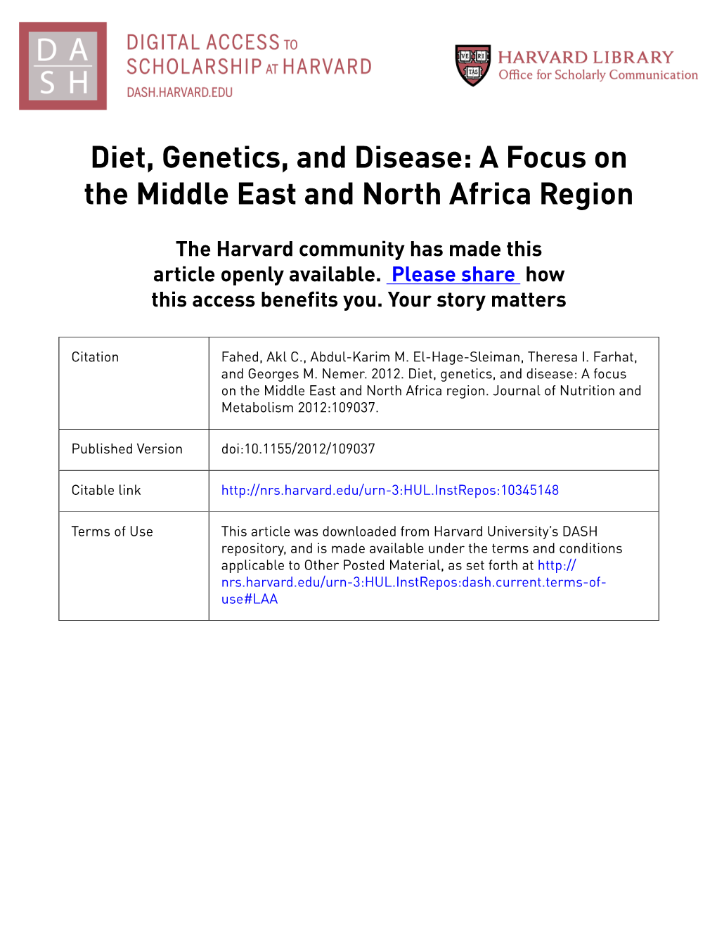 Diet, Genetics, and Disease: a Focus on the Middle East and North Africa Region