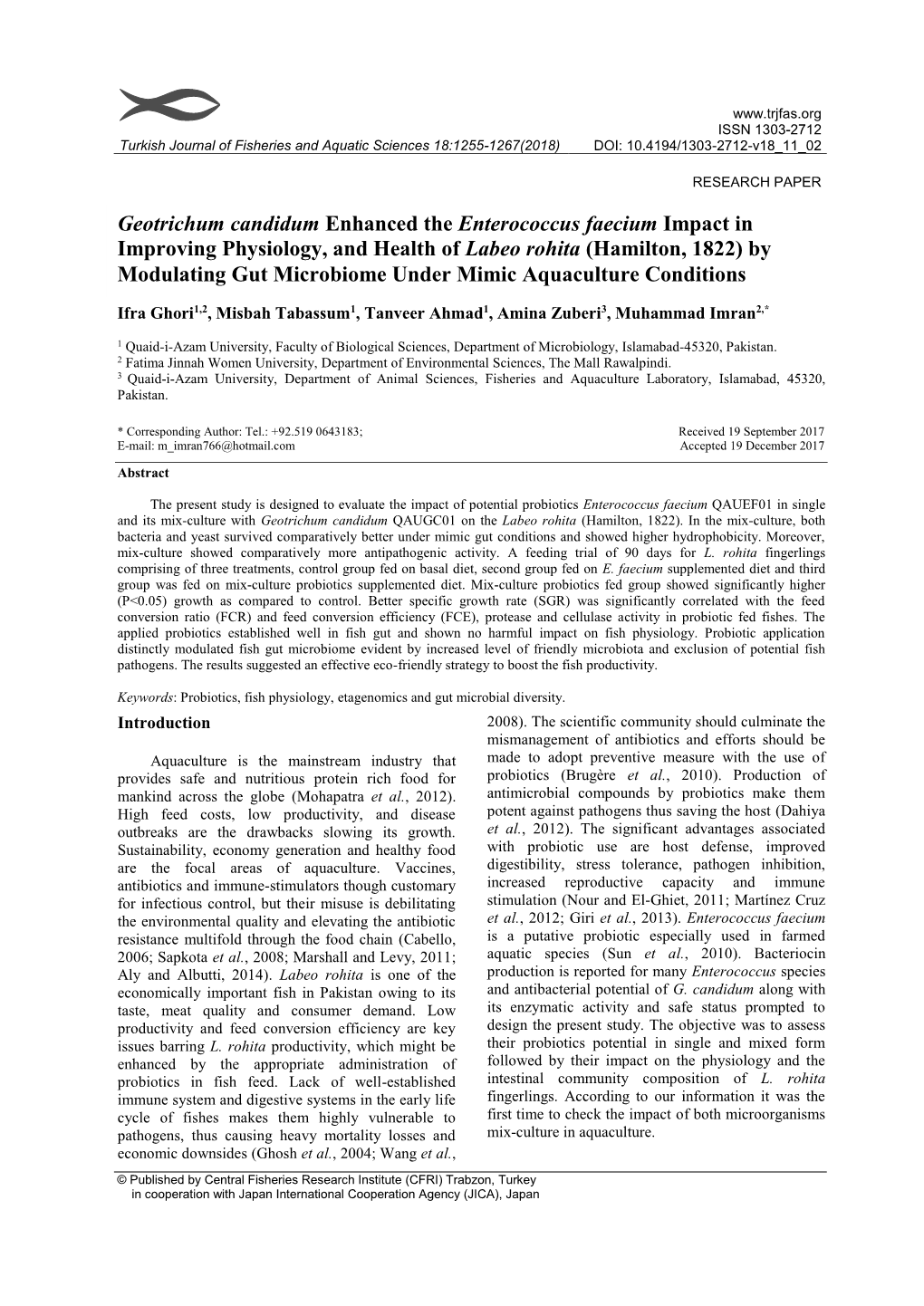 Geotrichum Candidum Enhanced the Enterococcus Faecium Impact in Improving Physiology, and Health of Labeo Rohita (Hamilton, 1822) By