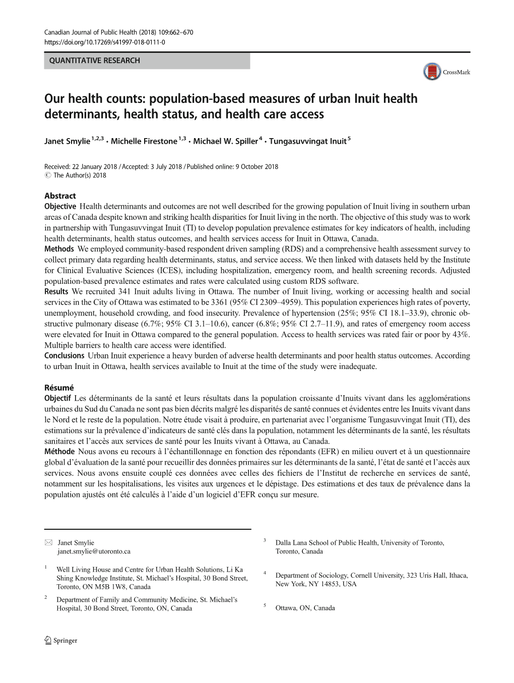 Population-Based Measures of Urban Inuit Health Determinants, Health Status, and Health Care Access