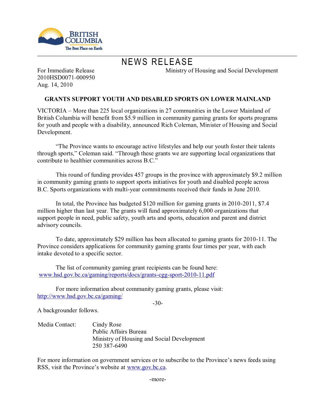 NEWS RELEASE for Immediate Release Ministry of Housing and Social Development 2010HSD0071-000950 Aug