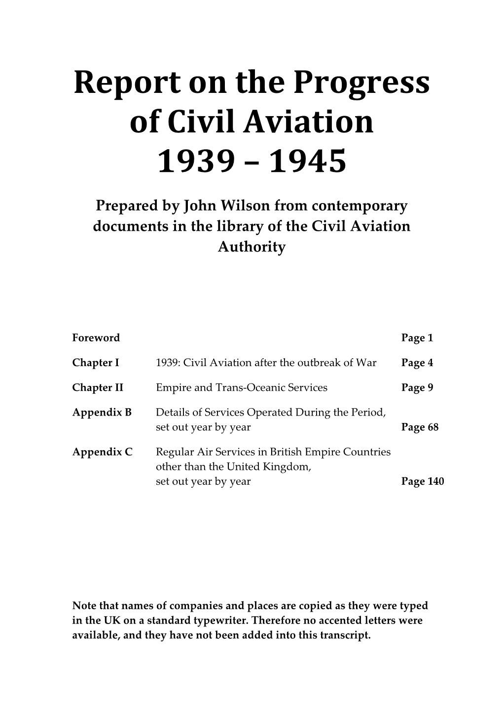 Report on the Progress of Civil Aviation 1939 – 1945