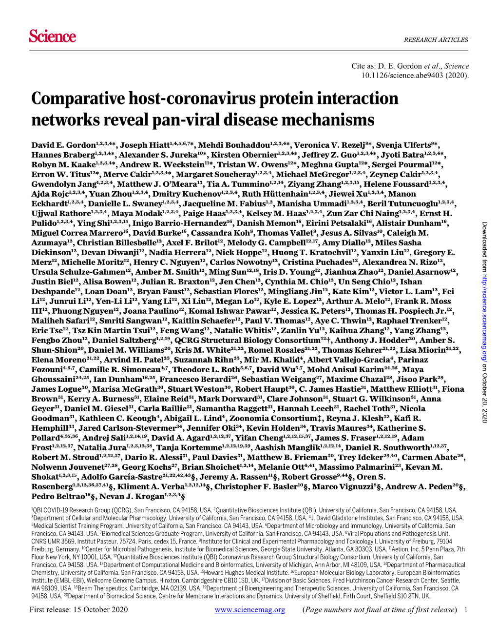 Comparative Host-Coronavirus Protein Interaction Networks Reveal Pan-Viral Disease Mechanisms