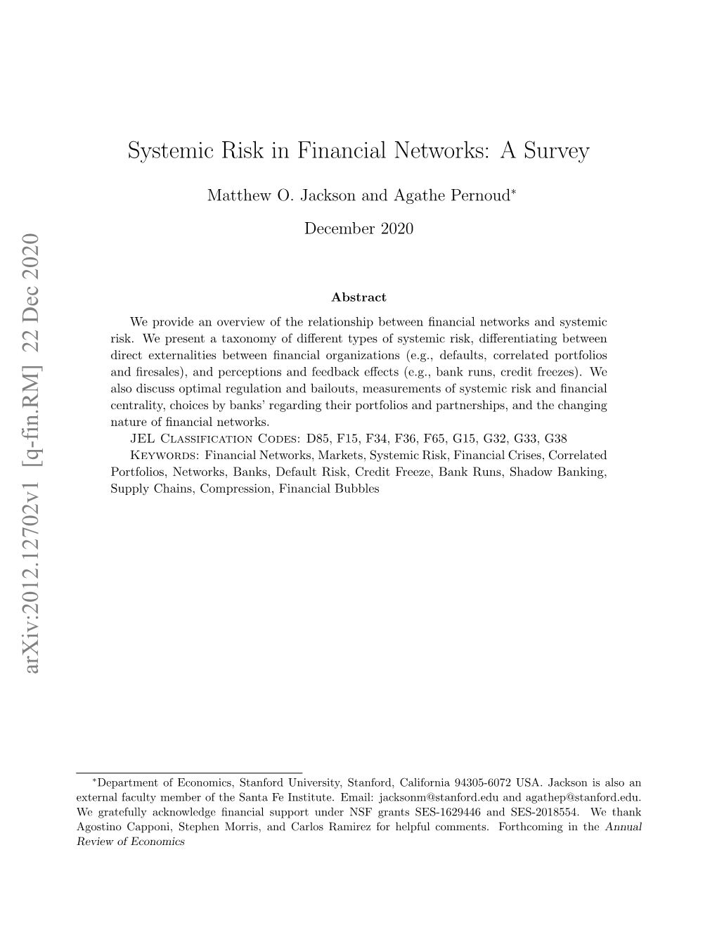 Systemic Risk in Financial Networks: a Survey Arxiv:2012.12702V1 [Q-Fin