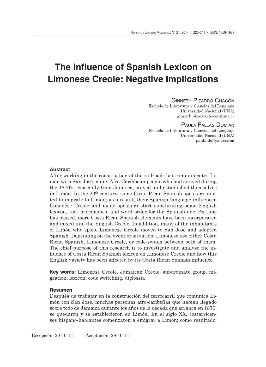 The Influence of Spanish Lexicon on Limonese Creole: Negative Implications