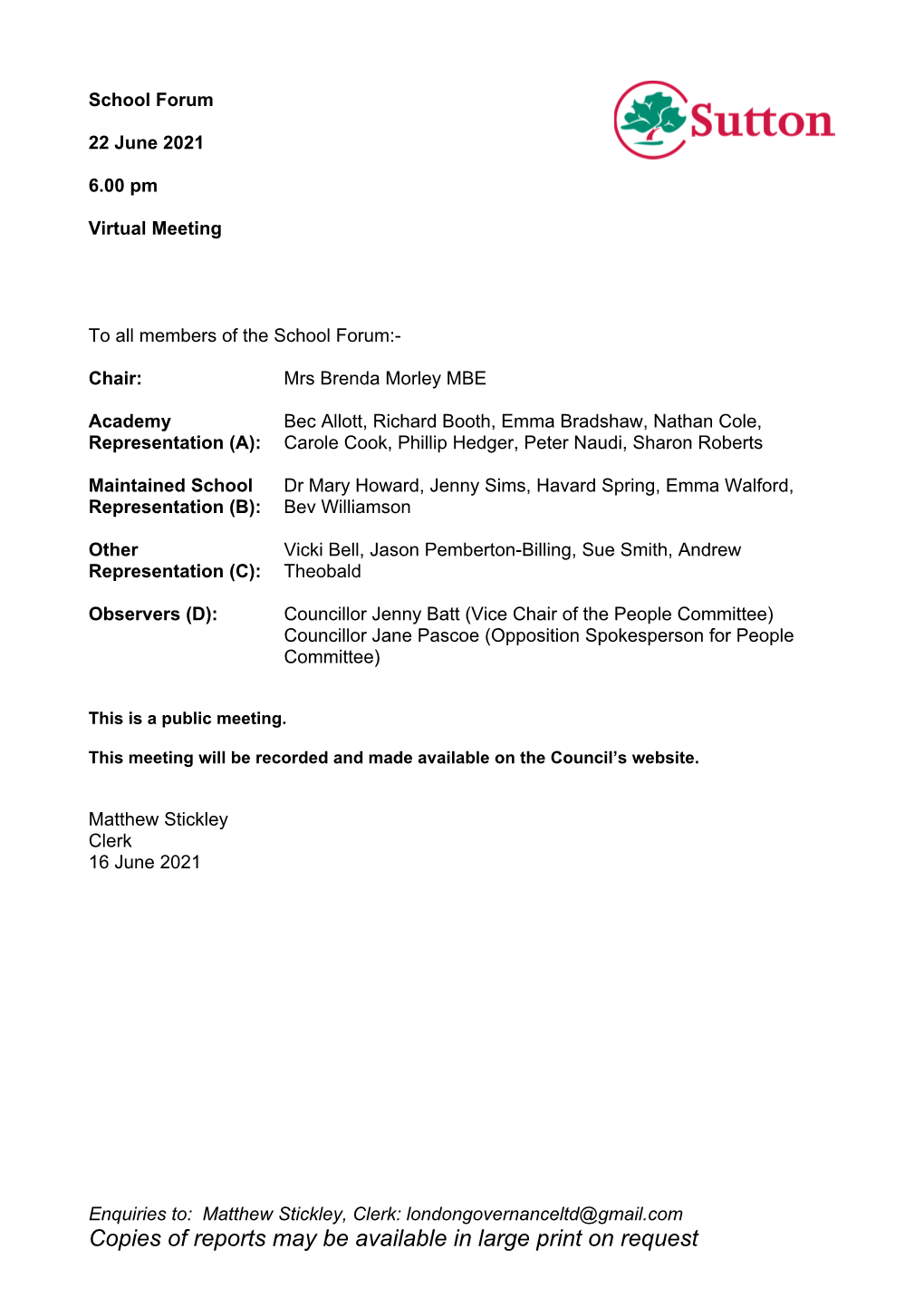 (Public Pack)Agenda Document for School Forum, 22