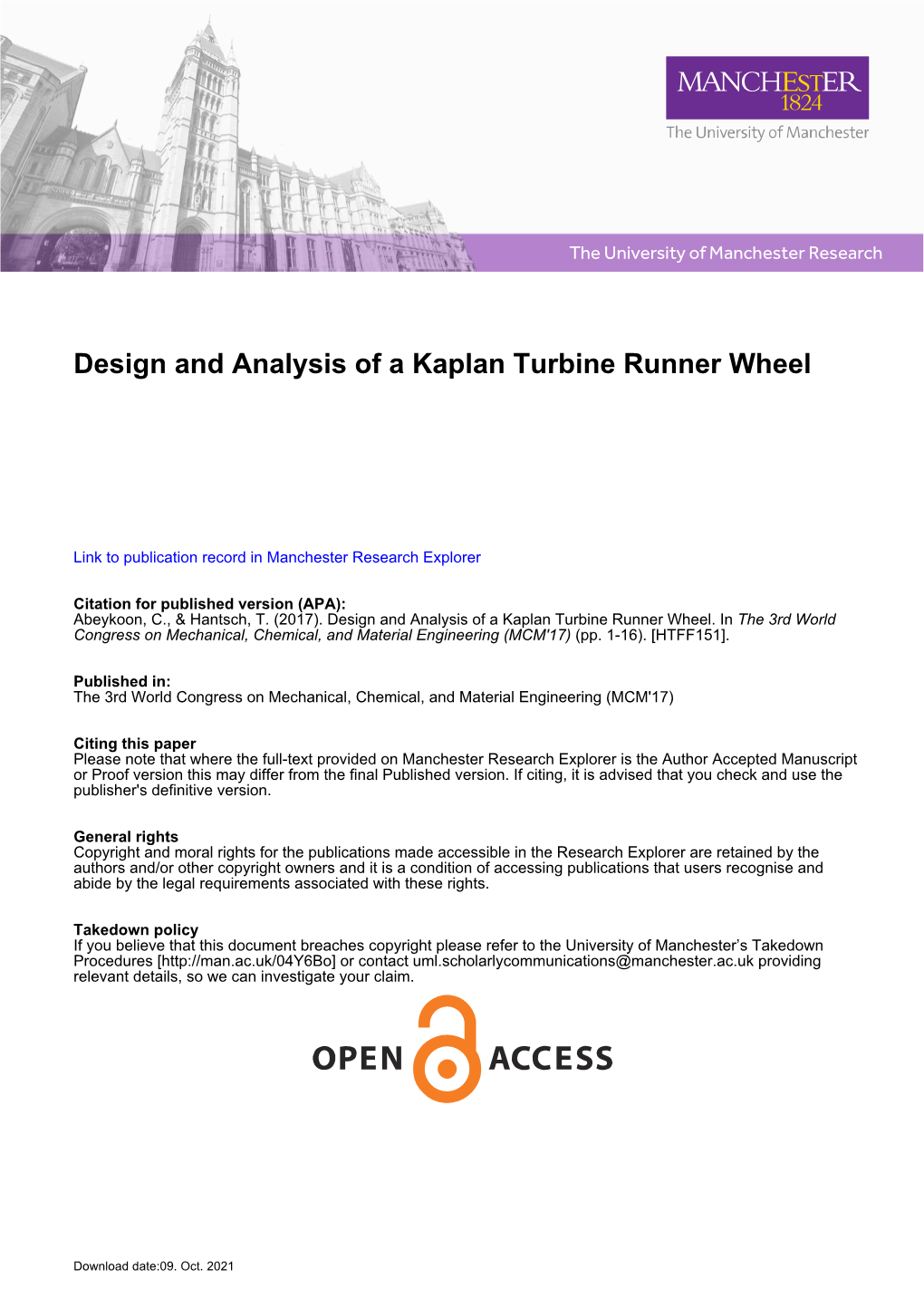 Design and Analysis of a Kaplan Turbine Runner Wheel