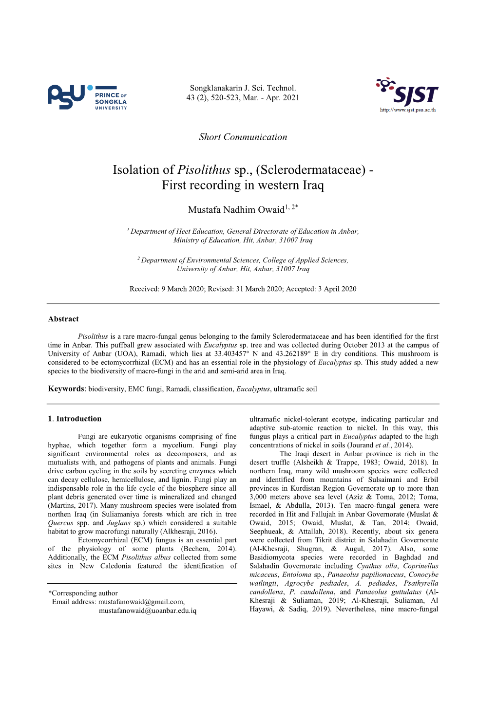 Isolation of Pisolithus Sp., (Sclerodermataceae) - First Recording in Western Iraq