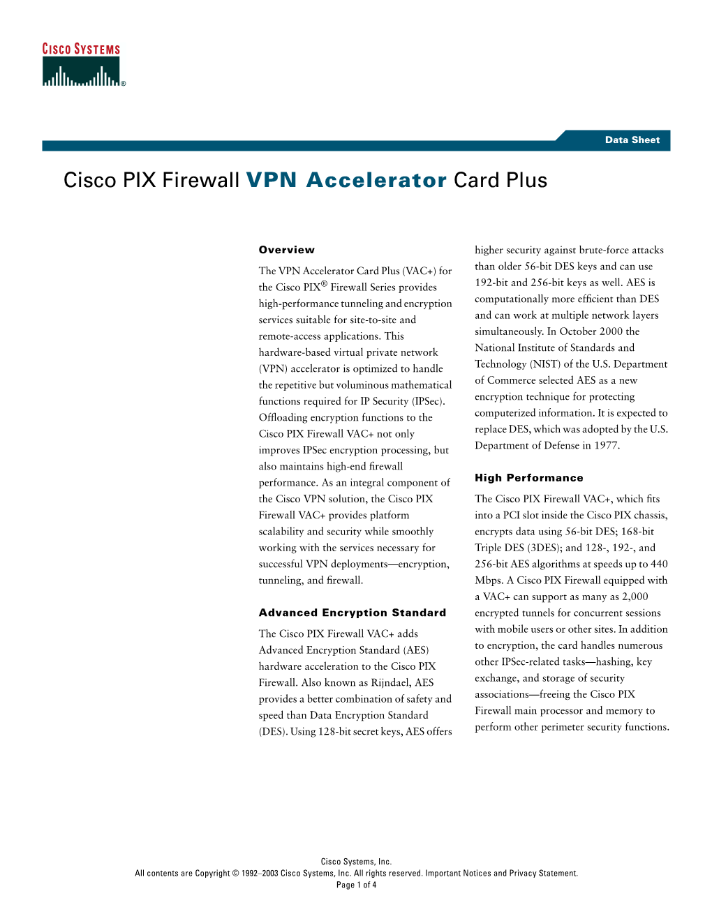 Cisco PIX Firewall VPN Accelerator Card Plus