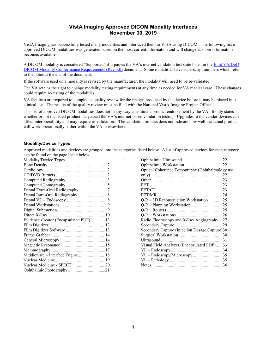 Vista Imaging Approved DICOM Modality Interfaces November 30, 2019