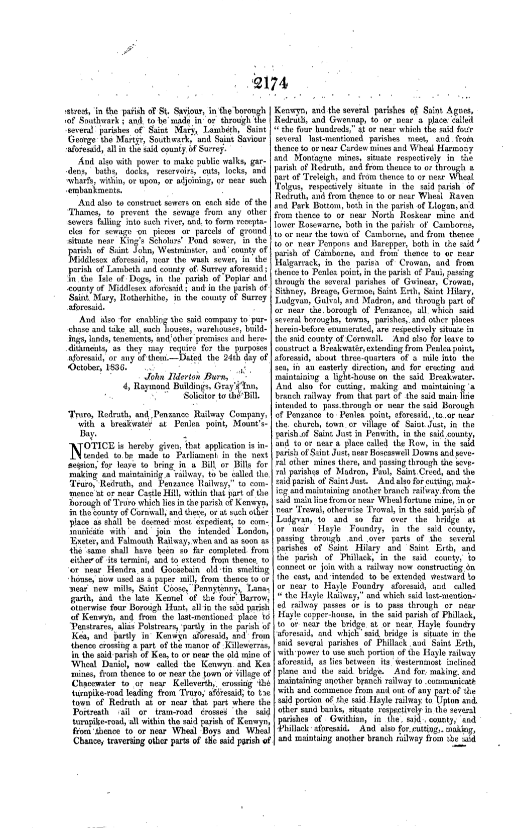 T, in the Parish Ot St. Saviour, In'the Borough Kenwyn, and the Several Parishes O| Saint Agnes, (Of Southwark ; And