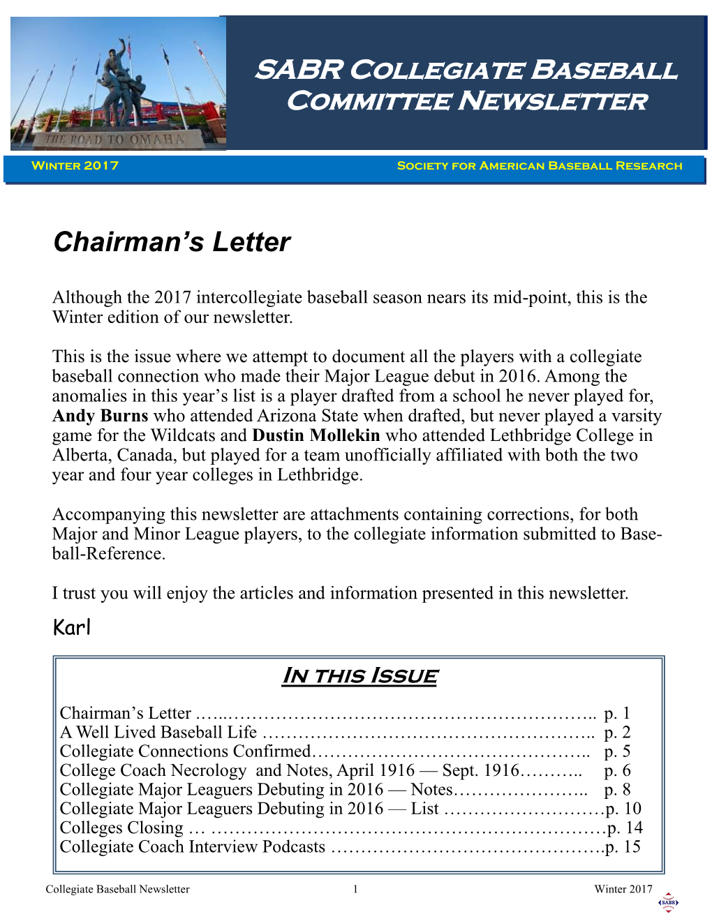 SABR Collegiate Baseball Committee Newsletter