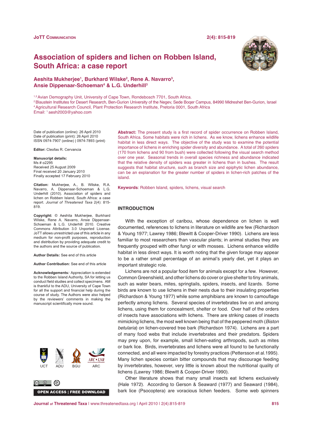 Association of Spiders and Lichen on Robben Island, South Africa: a Case Report