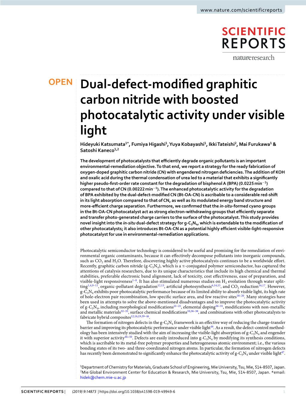 Dual-Defect-Modified Graphitic Carbon Nitride with Boosted Photocatalytic