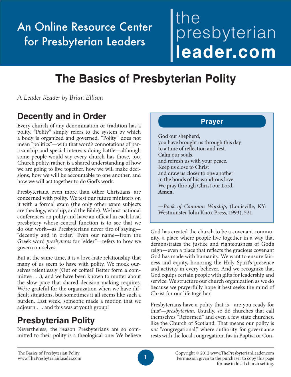 Presbyterian Polity a Leader Reader by Brian Ellison
