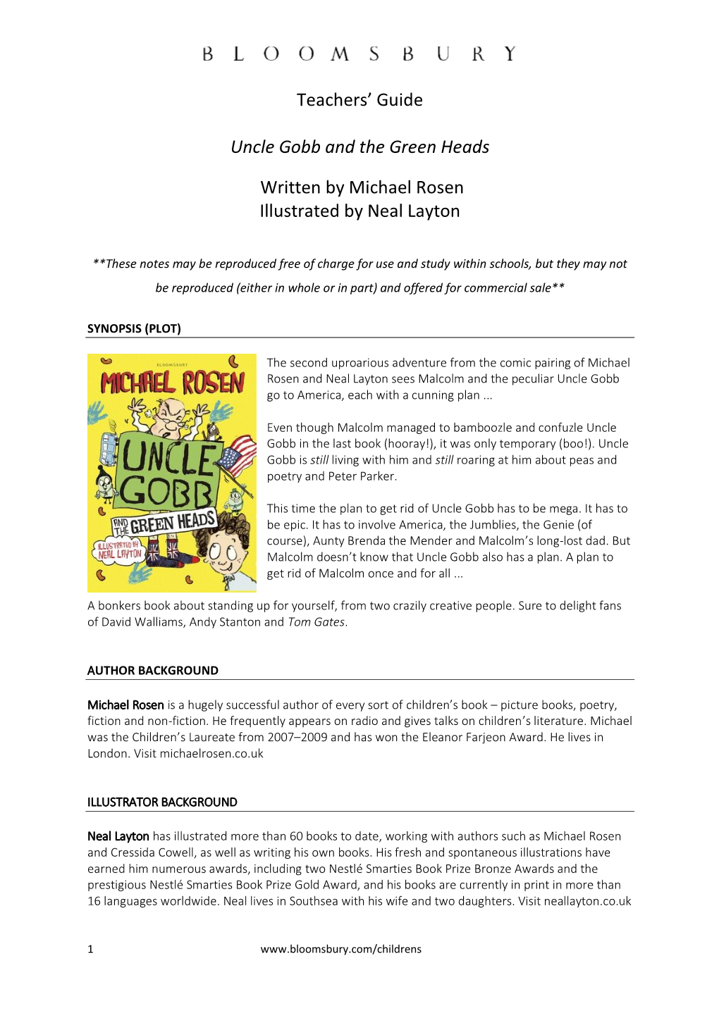 Teachers' Guide Uncle Gobb and the Green Heads Written by Michael