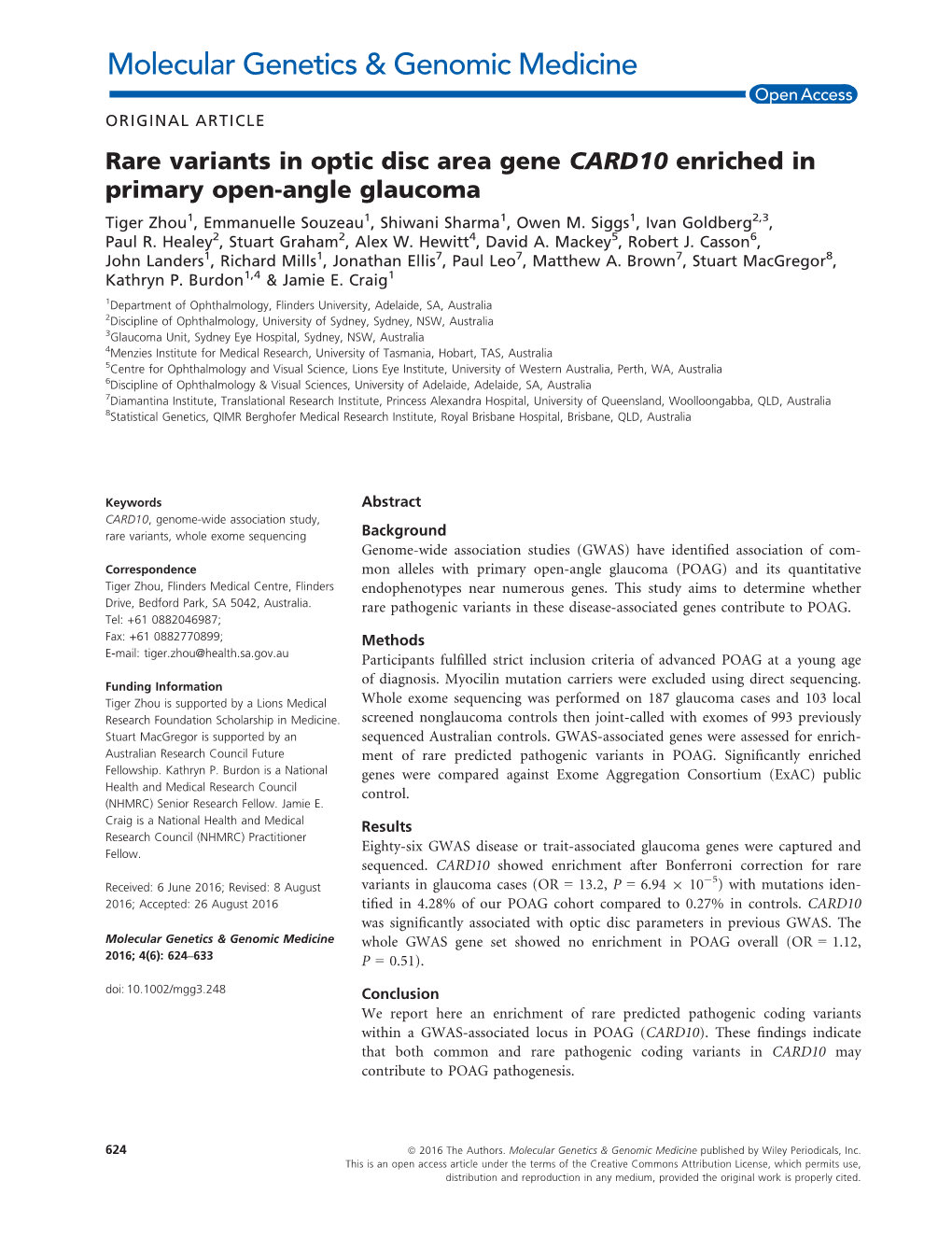 Rare Variants in Optic Disc Area Gene CARD10 Enriched in Primary Open‐