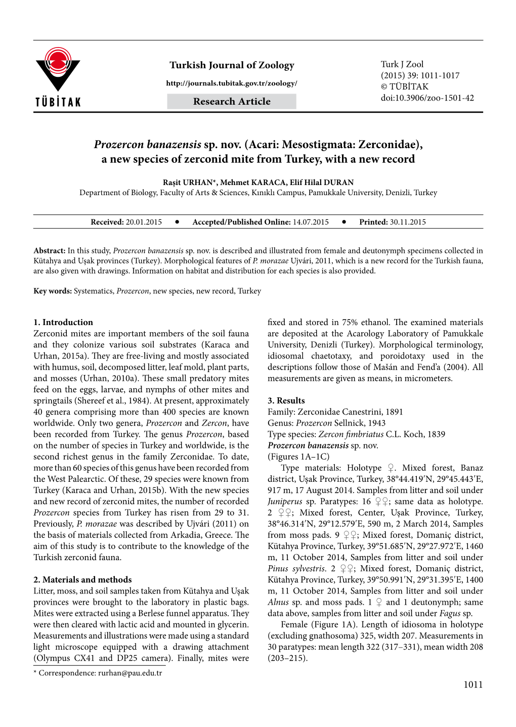 Acari: Mesostigmata: Zerconidae), a New Species of Zerconid Mite from Turkey, with a New Record