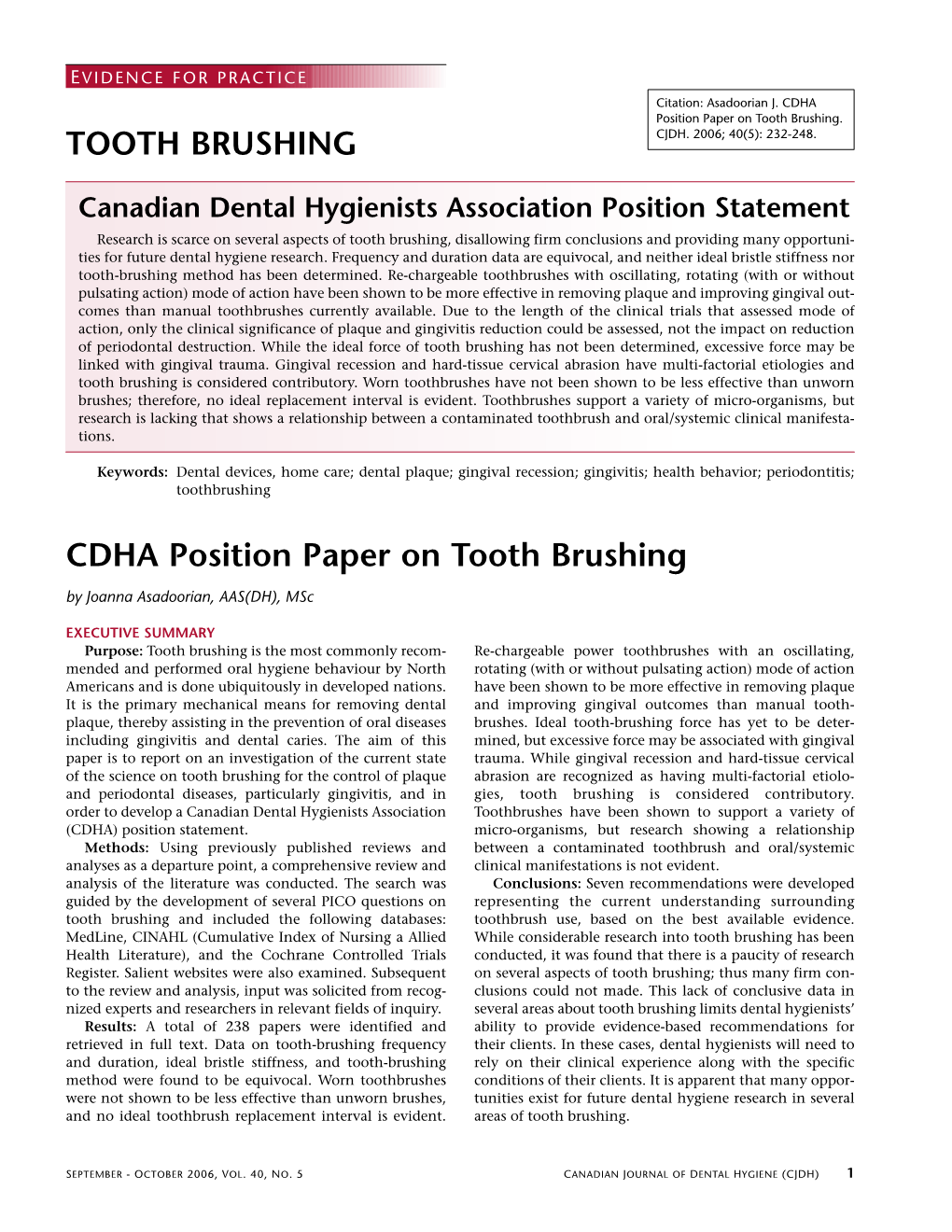 CDHA Position Paper on Tooth Brushing